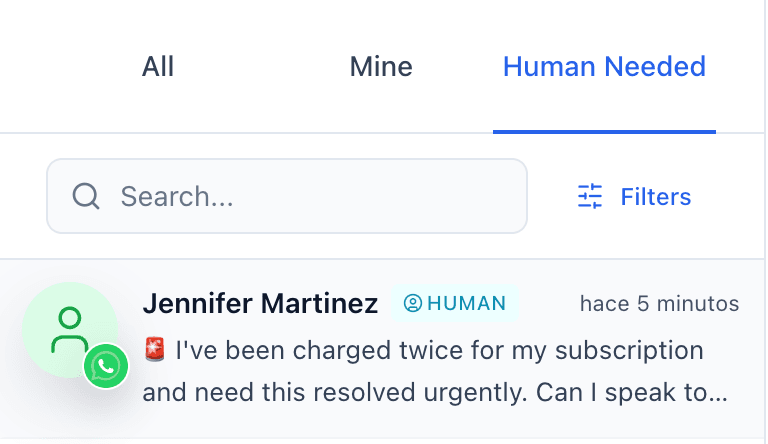 Human handoff showing conversation escalation to human agent