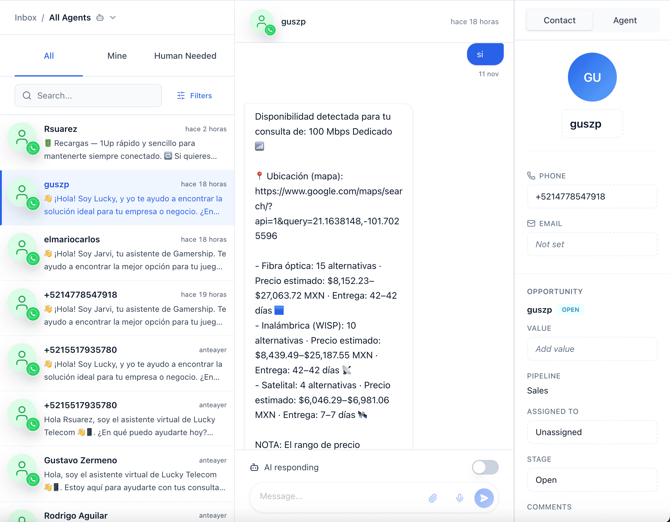Eva inbox showing AI agent conversation with auto-created contact and opportunity
