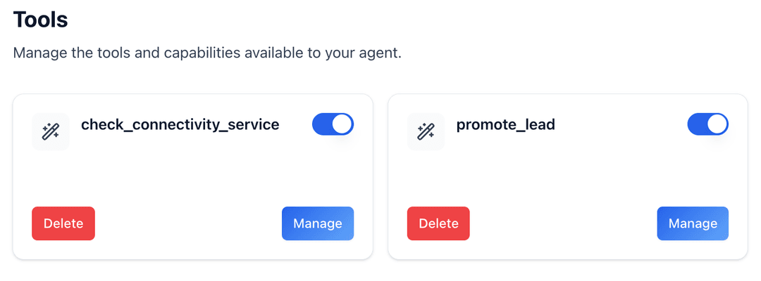 Tools configuration panel showing connected integrations