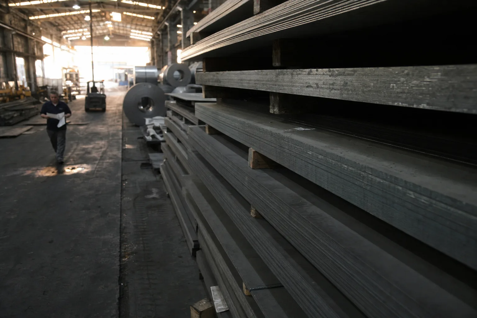 Steel distributor warehouse with sheet and coils on racks