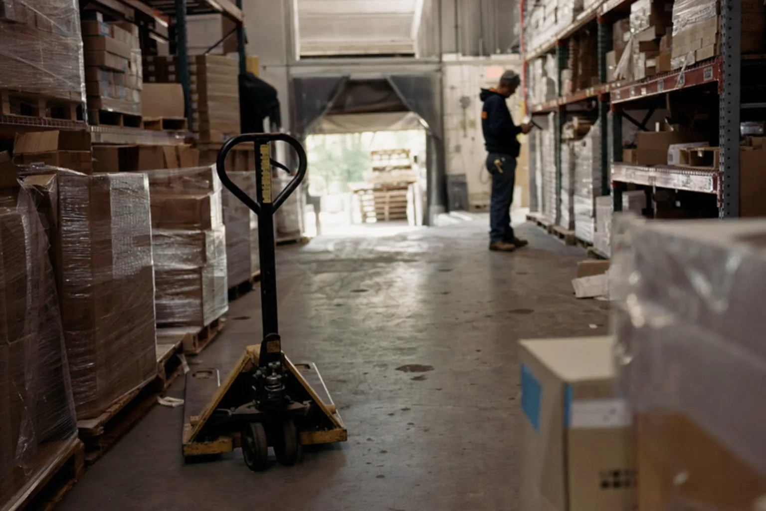 Distribution warehouse with pallet racks and shrink-wrapped goods