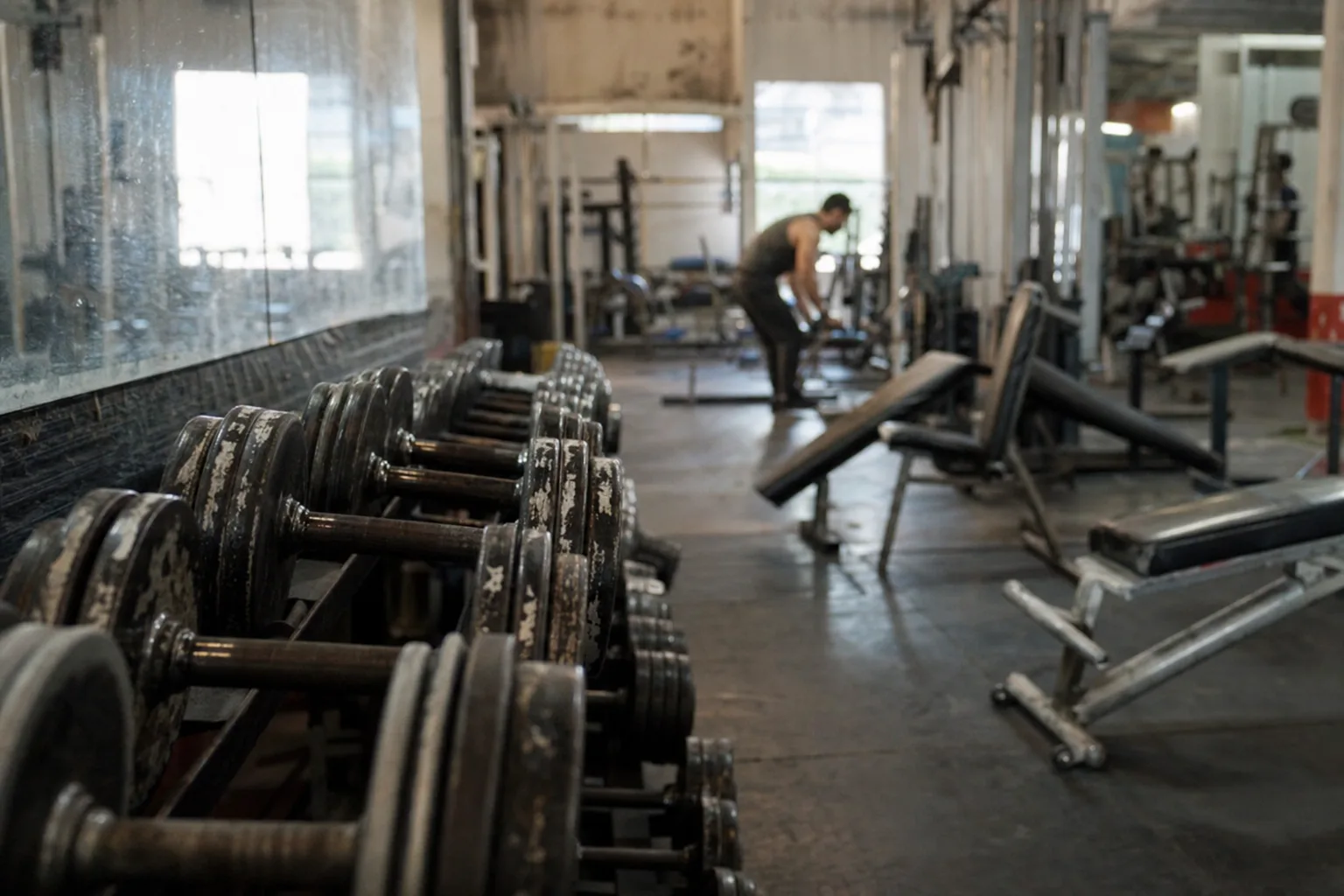 Neighborhood gym dumbbell rack in morning light
