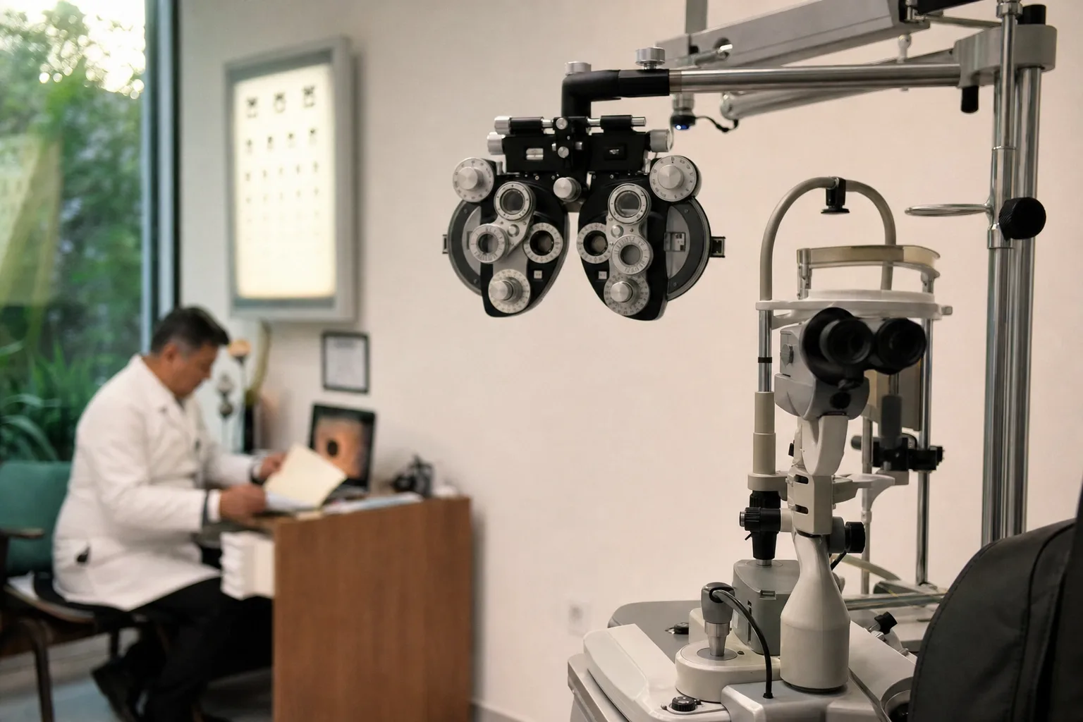 Ophthalmology exam room with phoropter and slit lamp