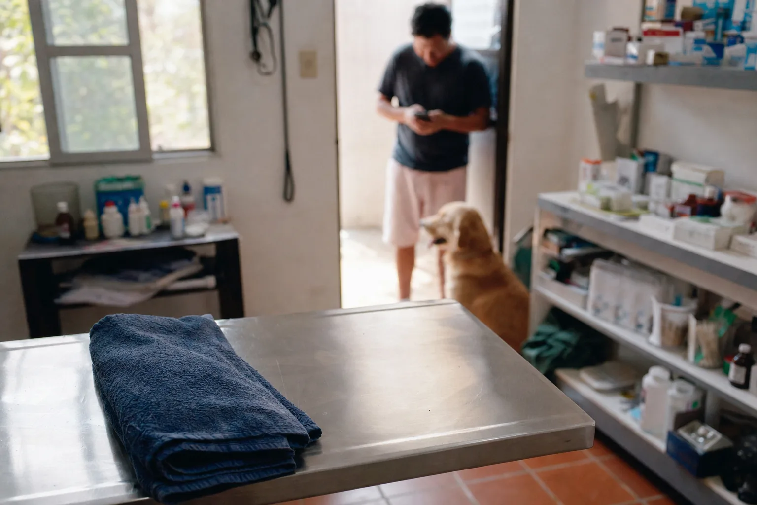 Clínica veterinaria con mesa de exploración y un perro esperando con su dueña