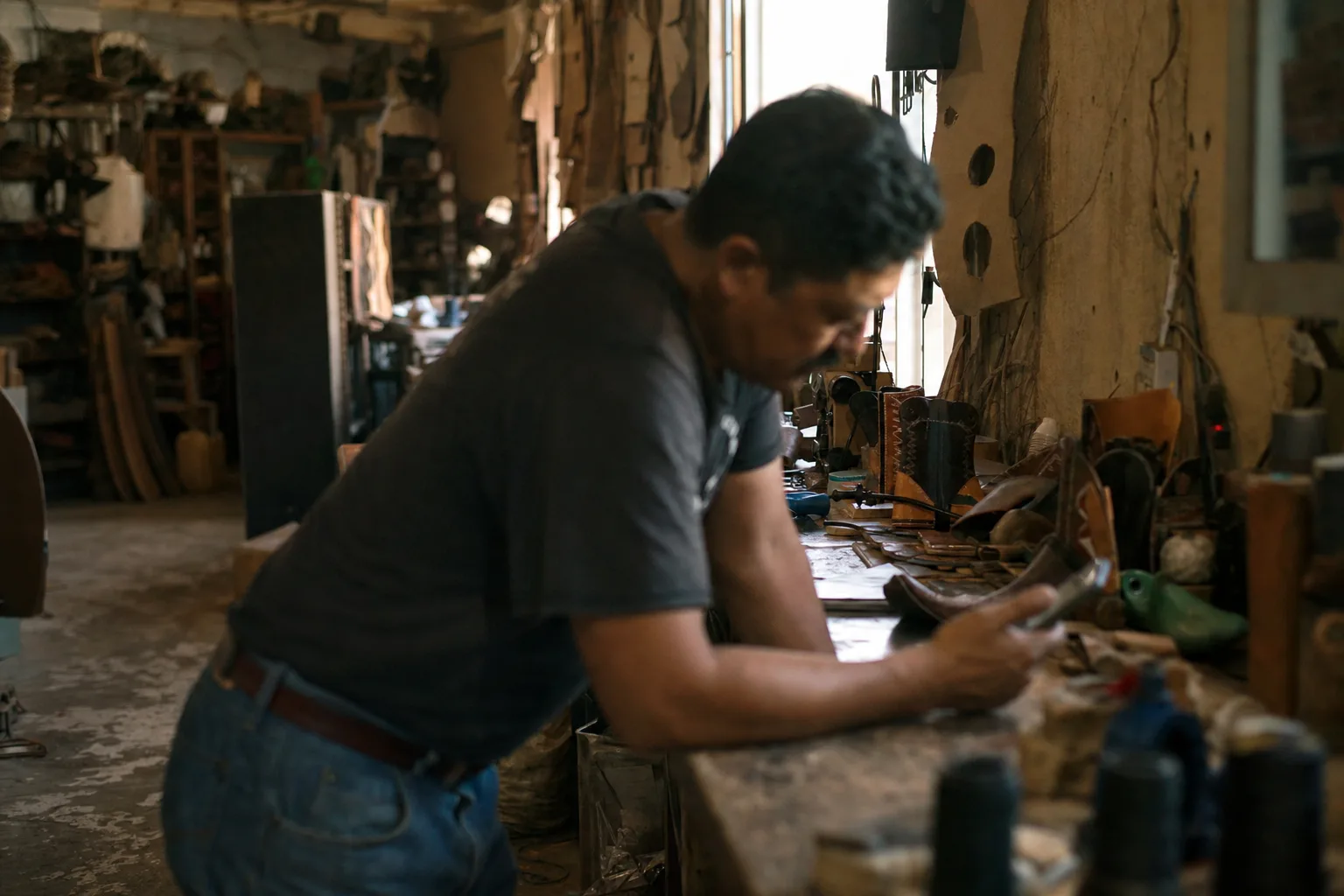 Workshop owner checks a sale notification on his phone while working