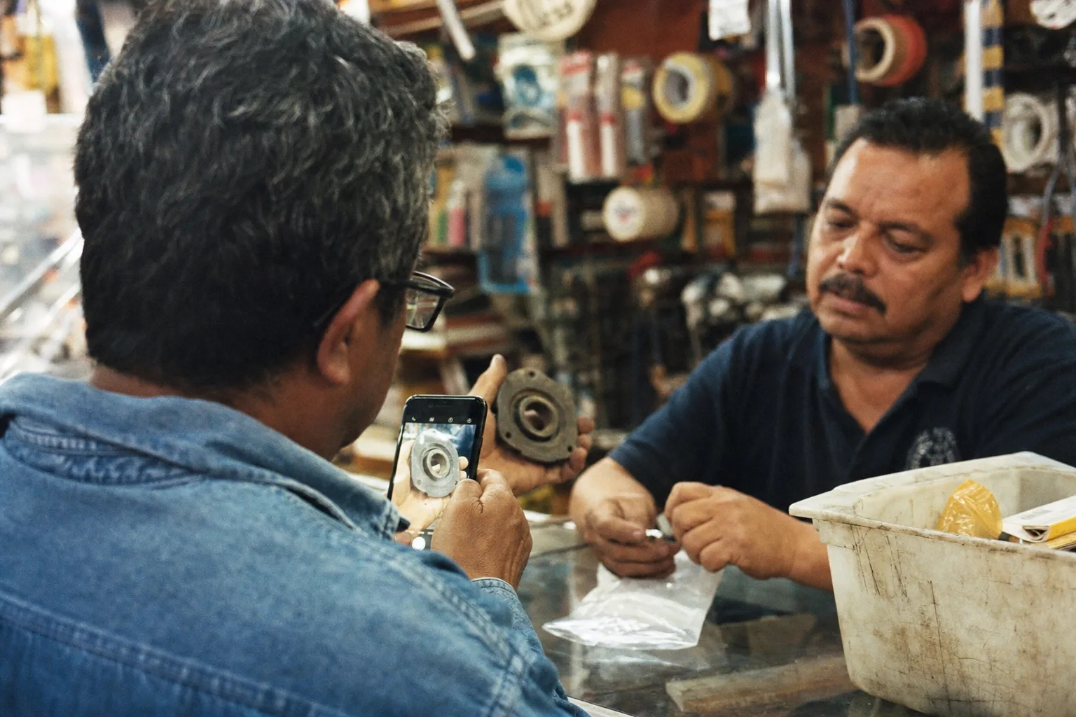 Customer photographing a part at a counter to ask for a replacement